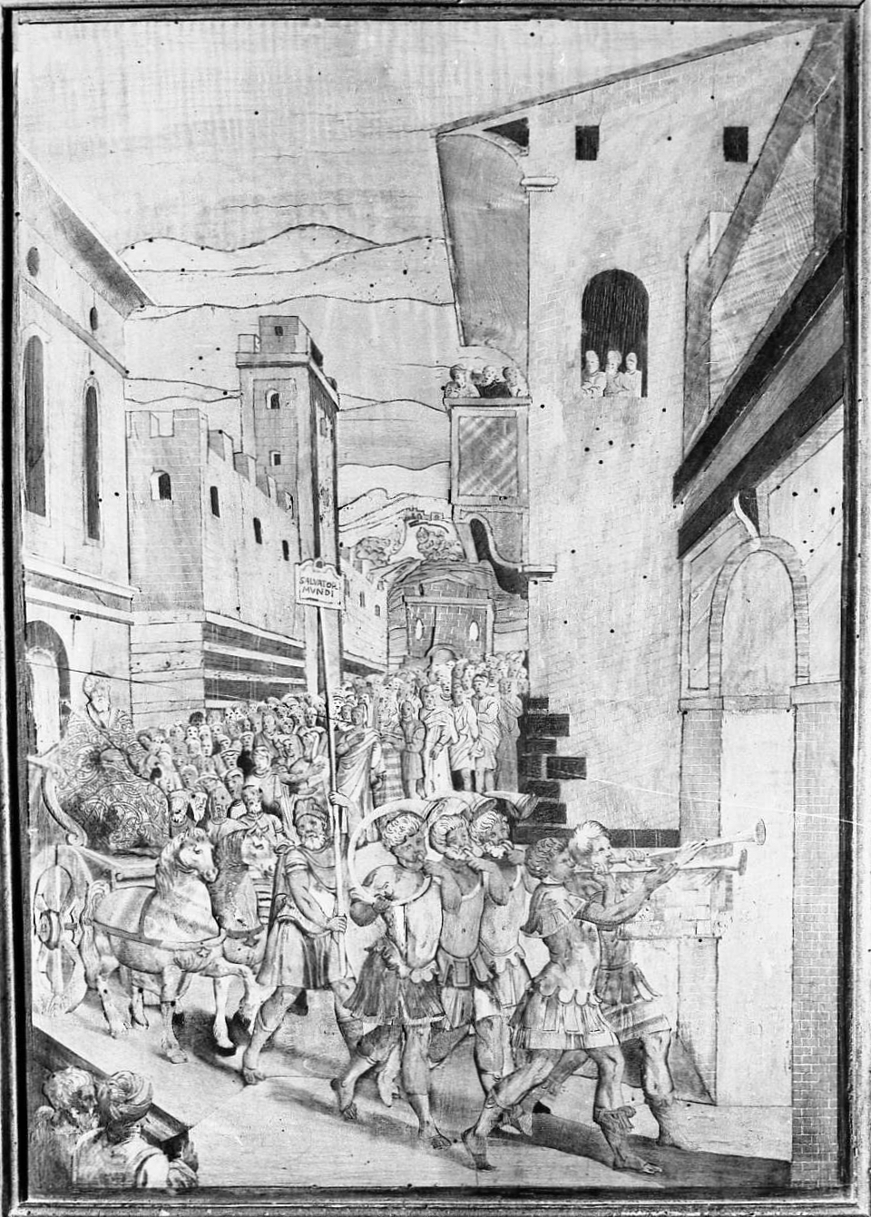 Melchisedec offre il pane e il vino in un calice (stallo, elemento d'insieme) di Zambelli Damiano detto Fra' Damiano da Bergamo (e aiuti) (sec. XVI)