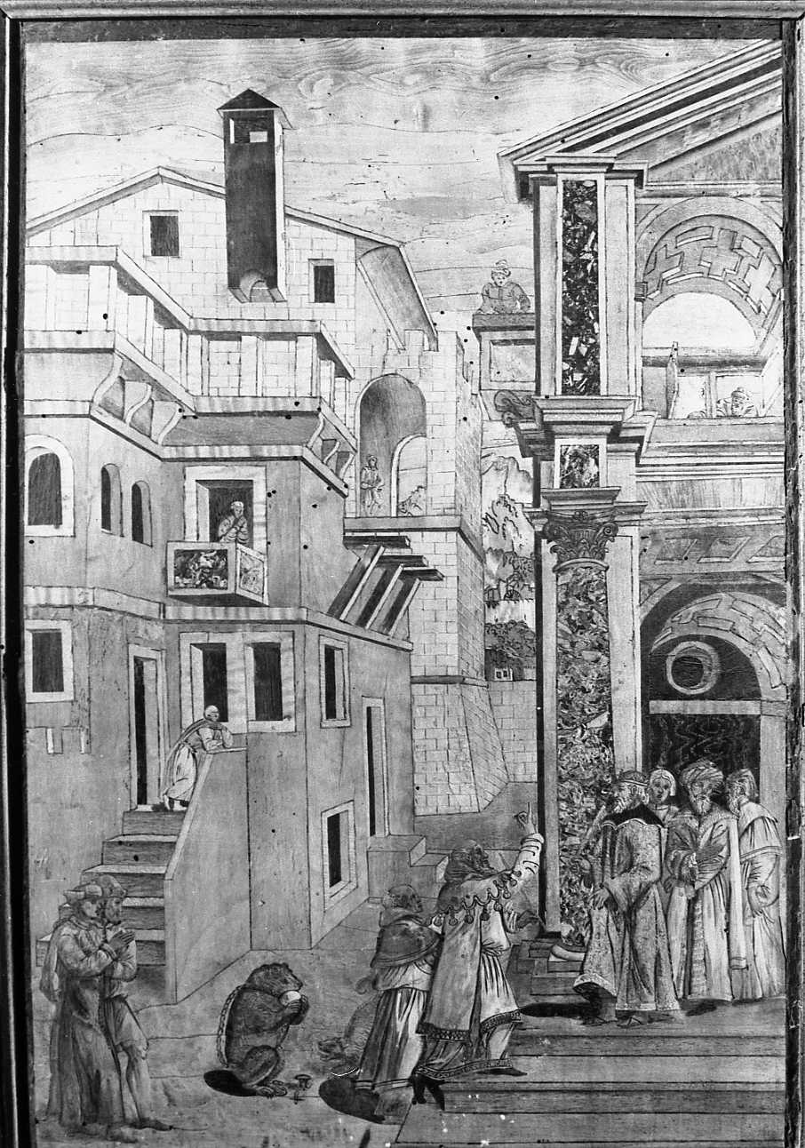 Mosè e Aronne davanti al faraone (stallo, elemento d'insieme) di Zambelli Damiano detto Fra' Damiano da Bergamo (e aiuti) (sec. XVI)