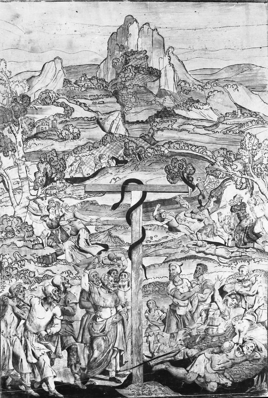Mosè e il serpente di bronzo (stallo, elemento d'insieme) di Zambelli Damiano detto Fra' Damiano da Bergamo (e aiuti) (sec. XVI)