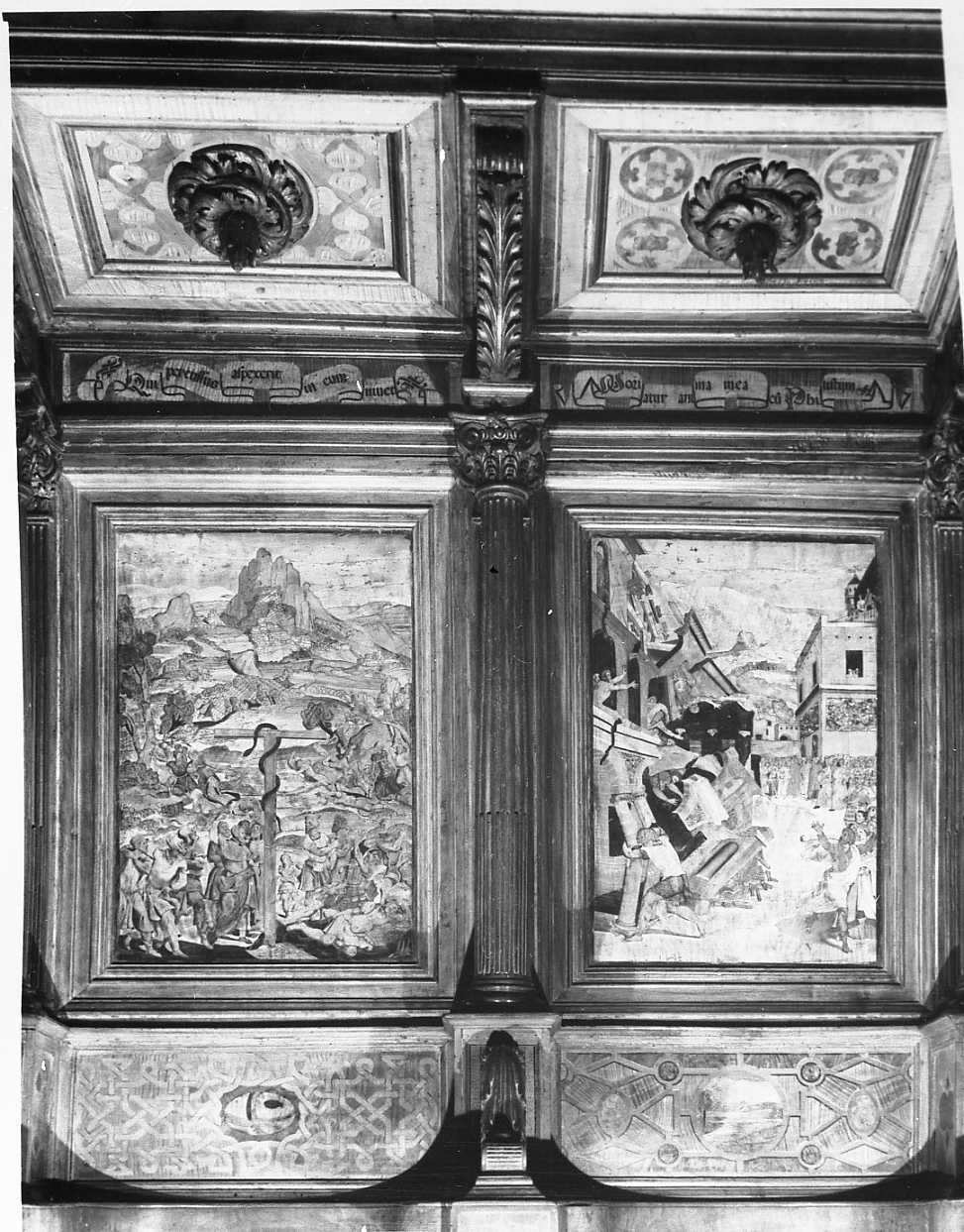 Sansone distrugge il tempio (stallo, elemento d'insieme) di Zambelli Damiano detto Fra' Damiano da Bergamo (e aiuti) (sec. XVI)