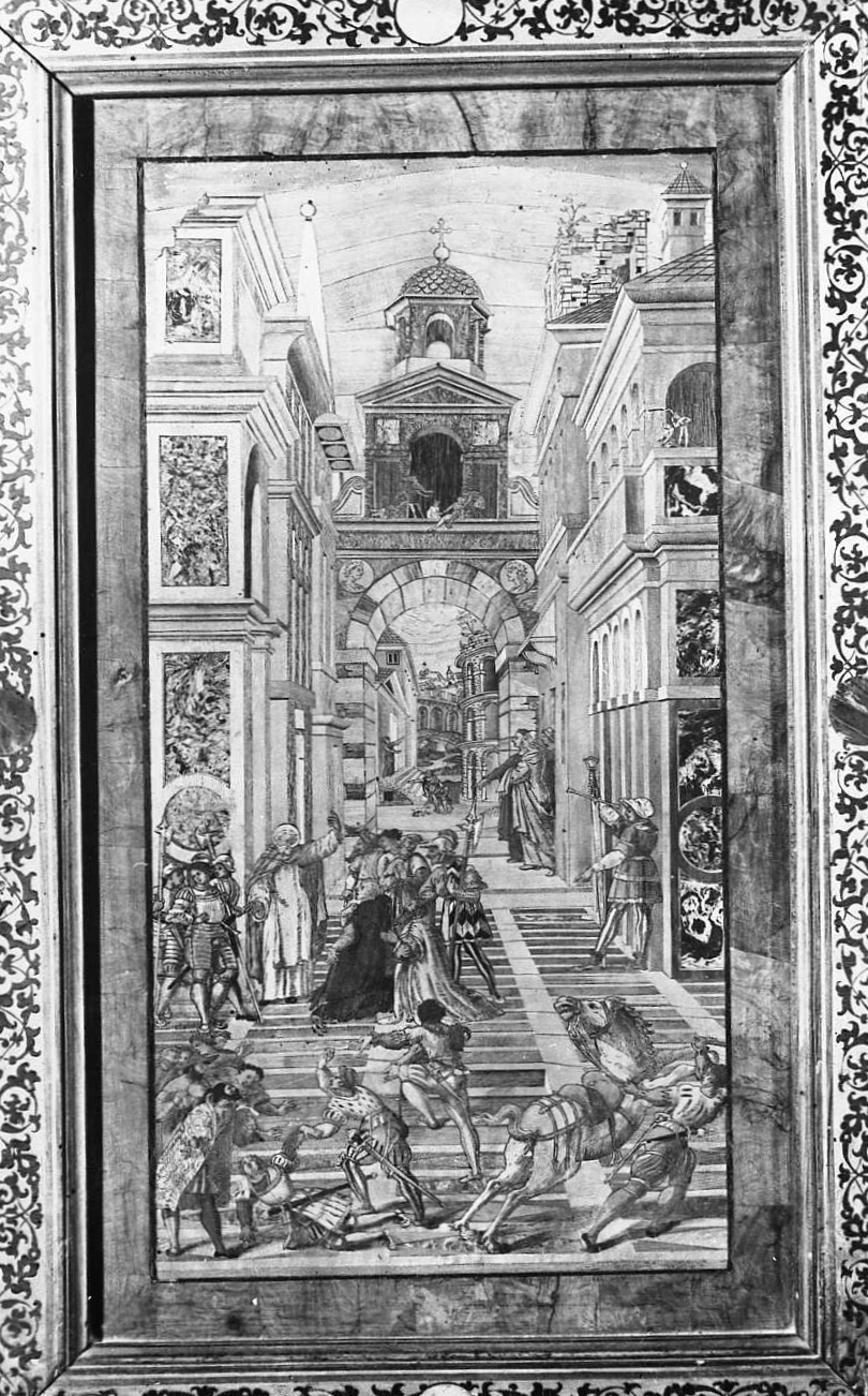 San Domenico resuscita Napoleone Orsini (stallo, elemento d'insieme) di Zambelli Damiano detto Fra' Damiano da Bergamo (e aiuti) (sec. XVI)