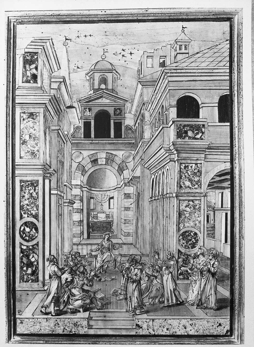 disputa di Gesù con i dottori nel Tempio (stallo, elemento d'insieme) di Zambelli Damiano detto Fra' Damiano da Bergamo (e aiuti) (sec. XVI)
