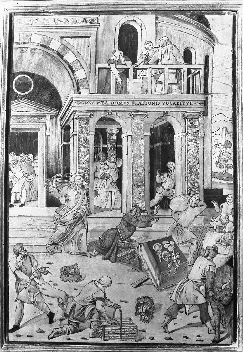 Cristo caccia i mercanti dal tempio (stallo, elemento d'insieme) di Zambelli Damiano detto Fra' Damiano da Bergamo (e aiuti) (sec. XVI)