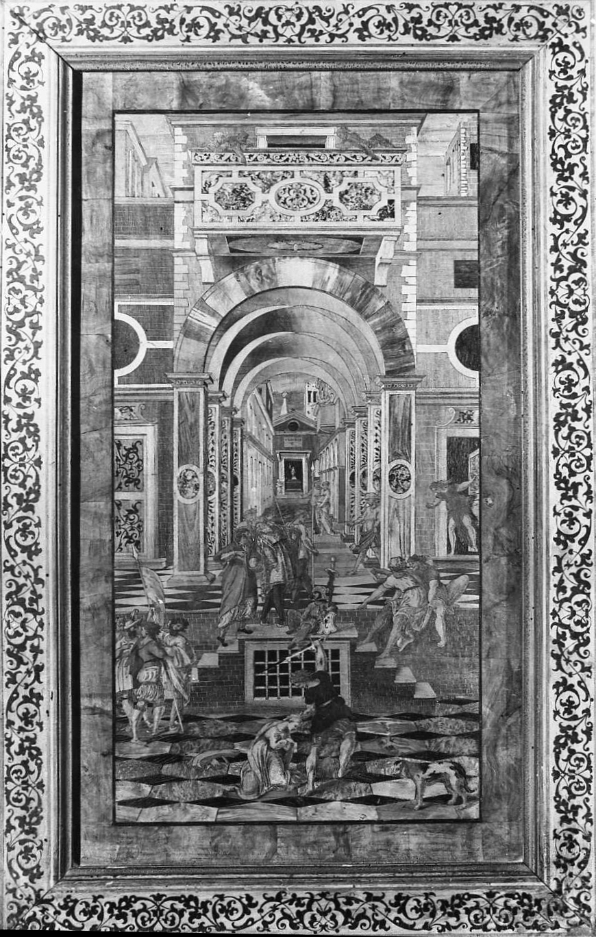 martirio di santa Caterina d'Alessandria (stallo, elemento d'insieme) di Zambelli Damiano detto Fra' Damiano da Bergamo (e aiuti) (sec. XVI)