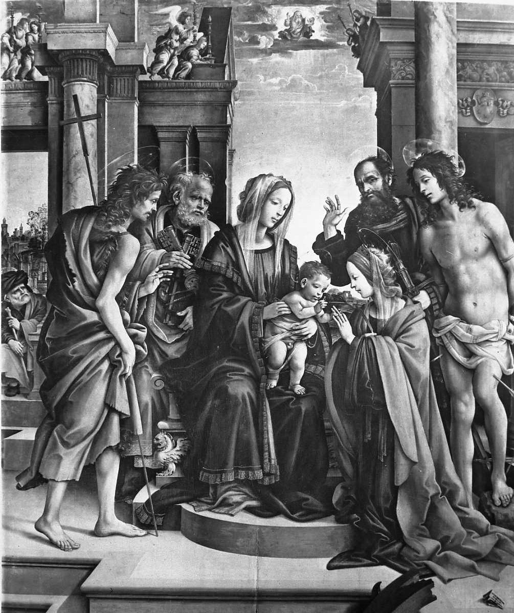 Sposalizio mistico di Santa Caterina con San Giovanni Battista, San Pietro, San Paolo, San Sebastiano (pala d'altare) di Lippi Filippino (sec. XVI)