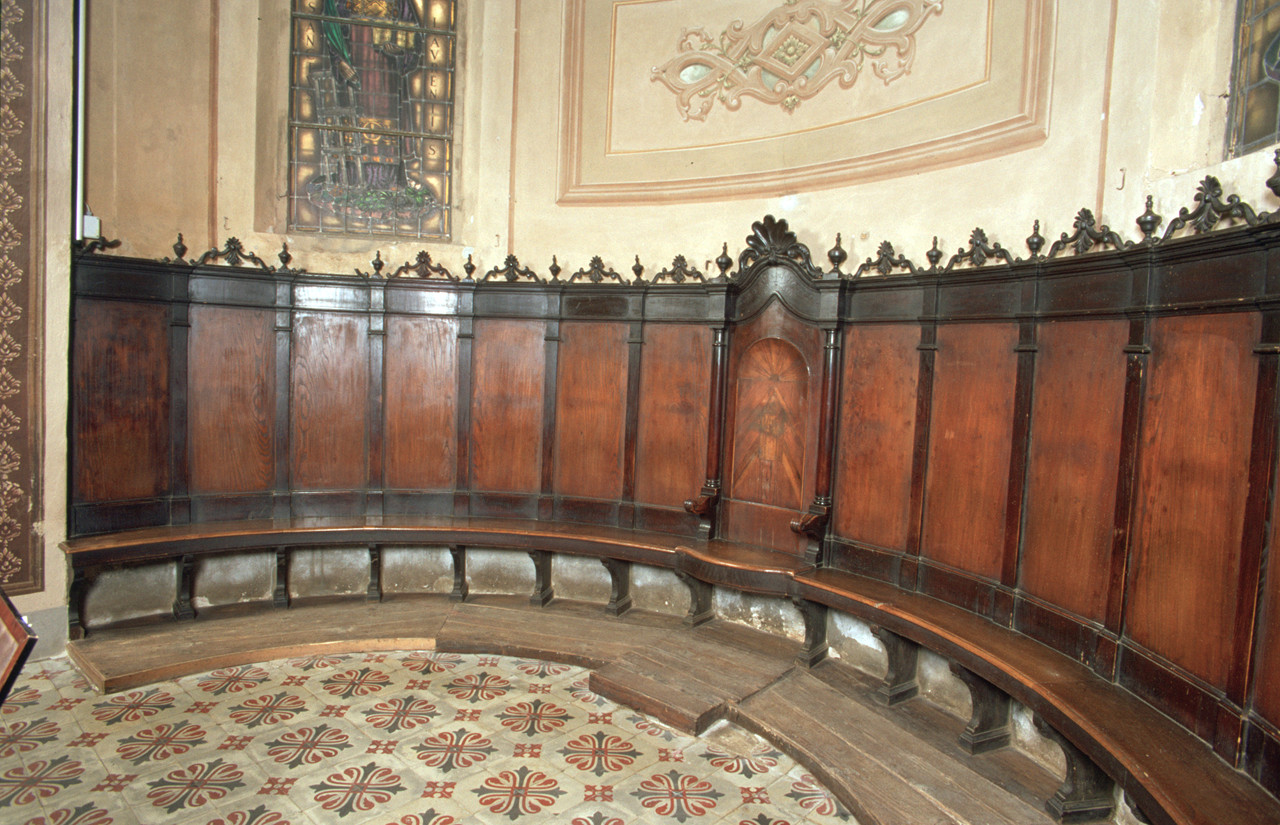 stalli del coro, serie - bottega ferrarese (ultimo quarto sec. XVIII)