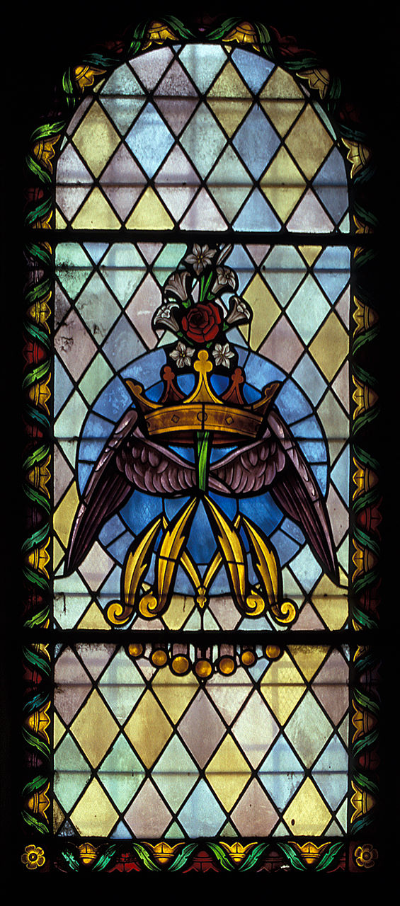 monogramma mariano (vetrata, elemento d'insieme) di Mellini M (sec. XX)