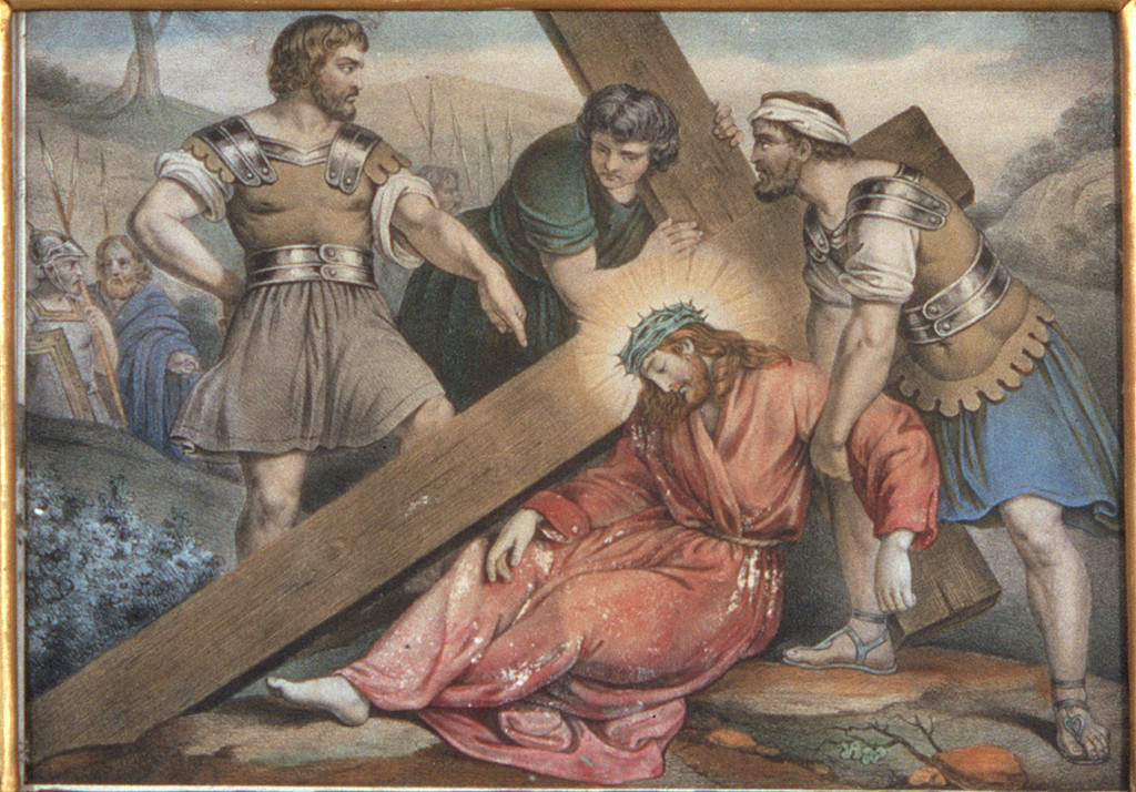 stazione IX: Gesù cade sotto la croce la terza volta (incisione, elemento d'insieme) - bottega ferrarese (seconda metà sec. XIX)