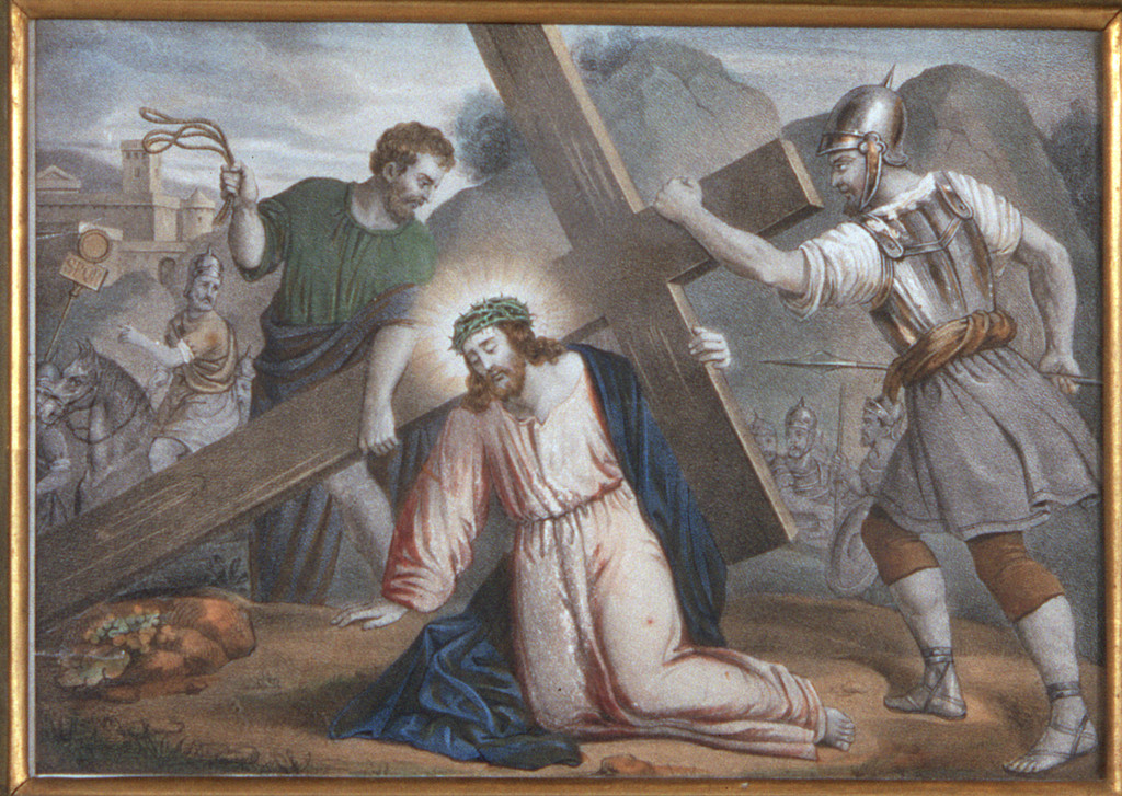 stazione III: Gesù cade sotto la croce la prima volta (incisione, elemento d'insieme) - bottega ferrarese (seconda metà sec. XIX)