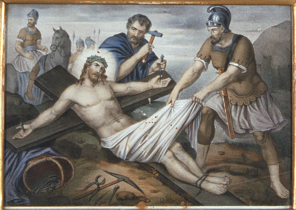 stazione XI: Gesù inchiodato alla croce (incisione, elemento d'insieme) - bottega ferrarese (seconda metà sec. XIX)