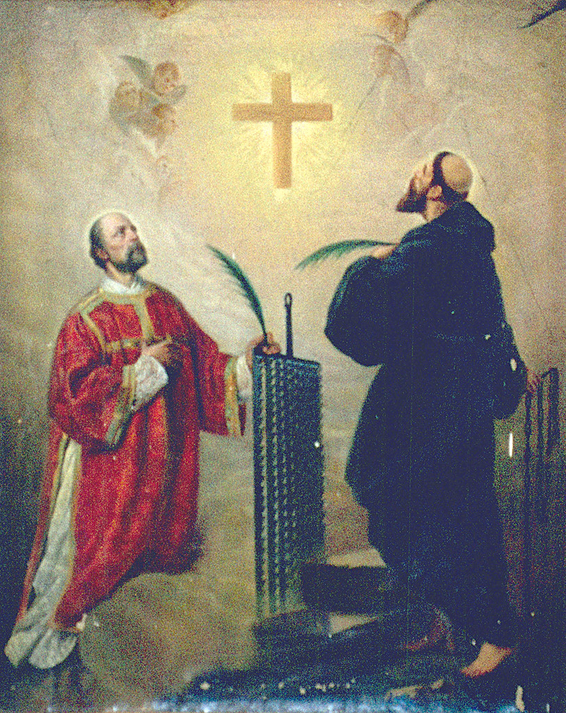 San Lorenzo e San Fedele da Sigmaringa in adorazione della croce (dipinto, elemento d'insieme) - ambito ferrarese (sec. XIX)