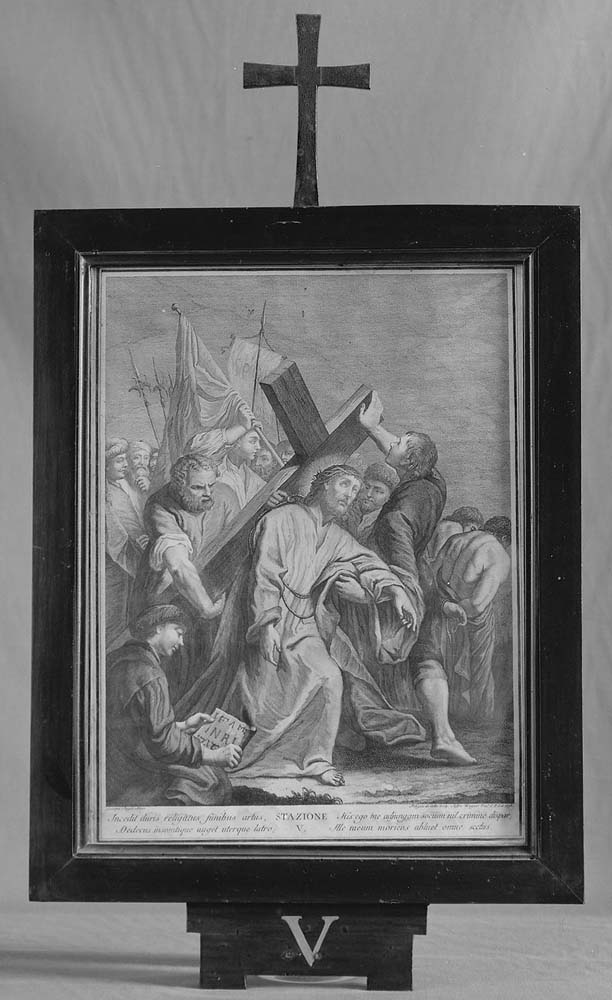 Stazione V: Gesù è aiutato dal Cireneo (incisione) di Del Colle Pellegrino (sec. XVIII)