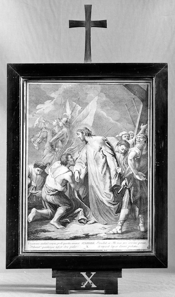Stazione X: Gesù spogliato e abbeverato di fiele (incisione) di Del Colle Pellegrino (sec. XVIII)