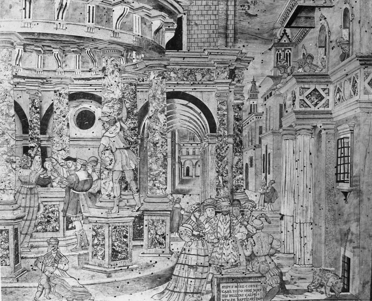 Battesimo di San Domenico (decorazione a intarsio, elemento d'insieme) di Zambelli Damiano detto Fra' Damiano da Bergamo (sec. XVI)