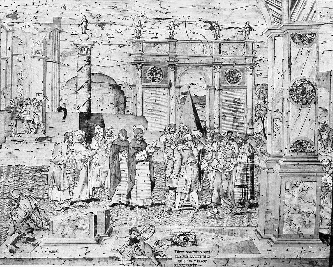 San Domenico confonde gli eretici (decorazione a intarsio, elemento d'insieme) di Zambelli Damiano detto Fra' Damiano da Bergamo (sec. XVI)