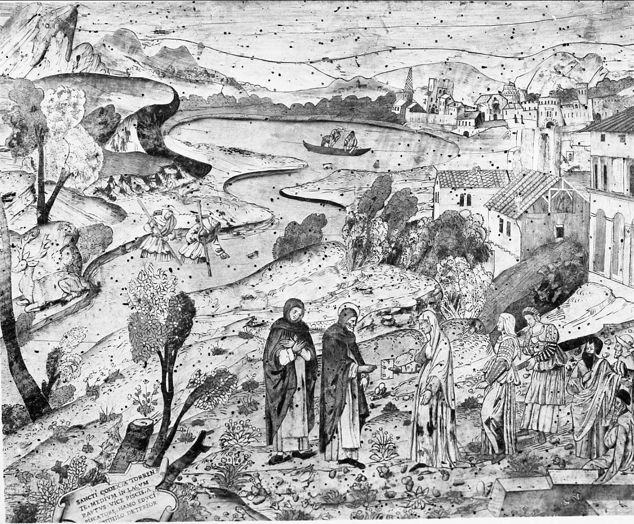 Ritrovamento del libro di San Domenico caduto nel lago (decorazione a intarsio, elemento d'insieme) di Zambelli Damiano detto Fra' Damiano da Bergamo (sec. XVI)