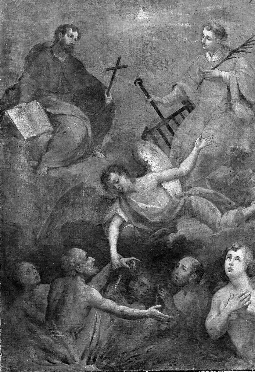 San Lorenzo, San Giacomo e un angelo che libera le anime del purgatorio (dipinto) di Gottarelli Angelo (sec. XVIII)