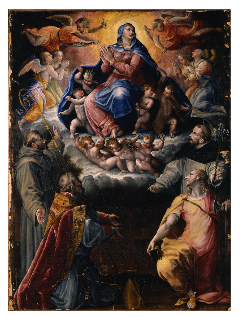 Madonna Assunta e i quattro Santi protettori di Bologna, Madonna Assunta e i Santi Francesco, Petronio, Procolo e Domenico (dipinto) di Fontana Prospero (sec. XVI)