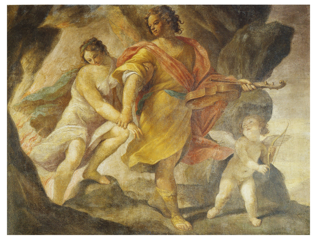 Orfeo ed Euridice fuggono dall'Averno accompagnati da Amore (dipinto) di Colonna Angelo Michele (sec. XVII)