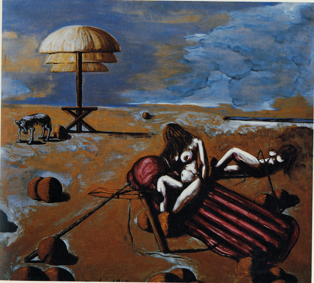 Le figure della spiaggia, paesaggio marino con figure e cane (dipinto) di Vacchi Sergio (sec. XX)