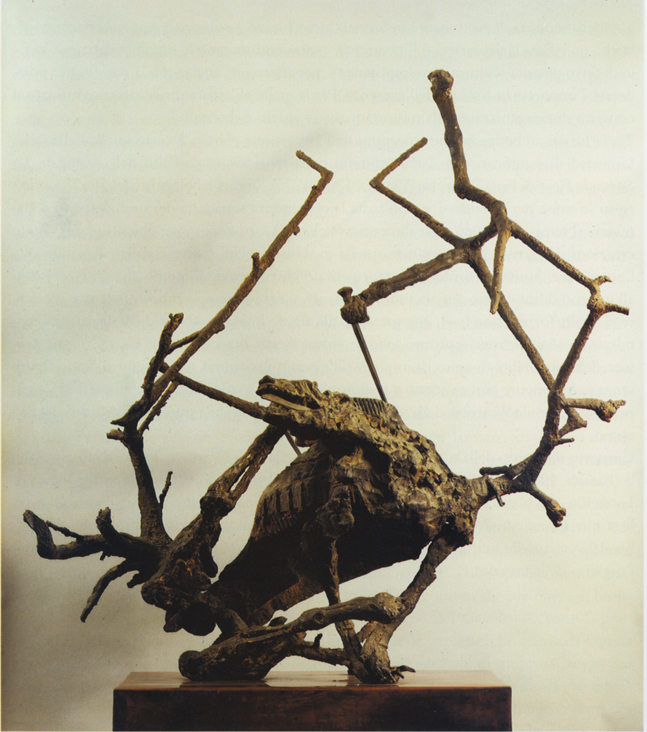 Cane tra le canne, cane imprigionato tra sterpi (scultura) di Minguzzi Luciano (sec. XX)
