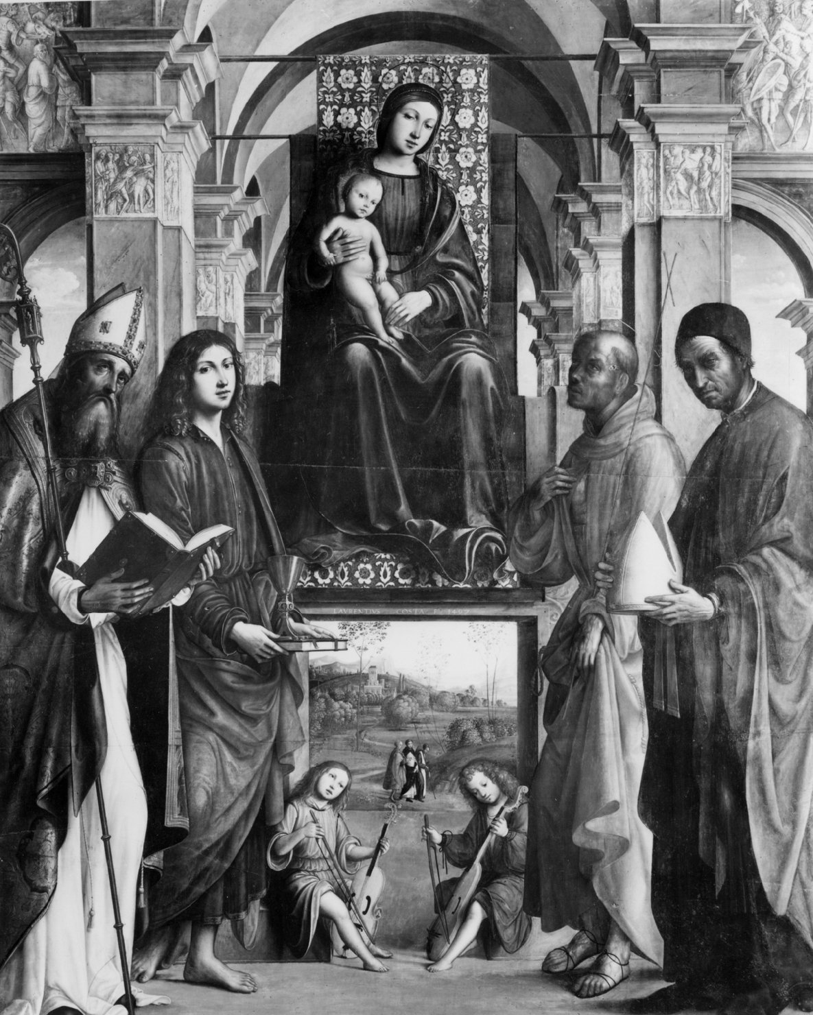 Madonna in trono con Sant'Agostino, San Giovanni evangelista, San Francesco, San Possidonio (dipinto) di Costa Lorenzo il Vecchio (sec. XV)