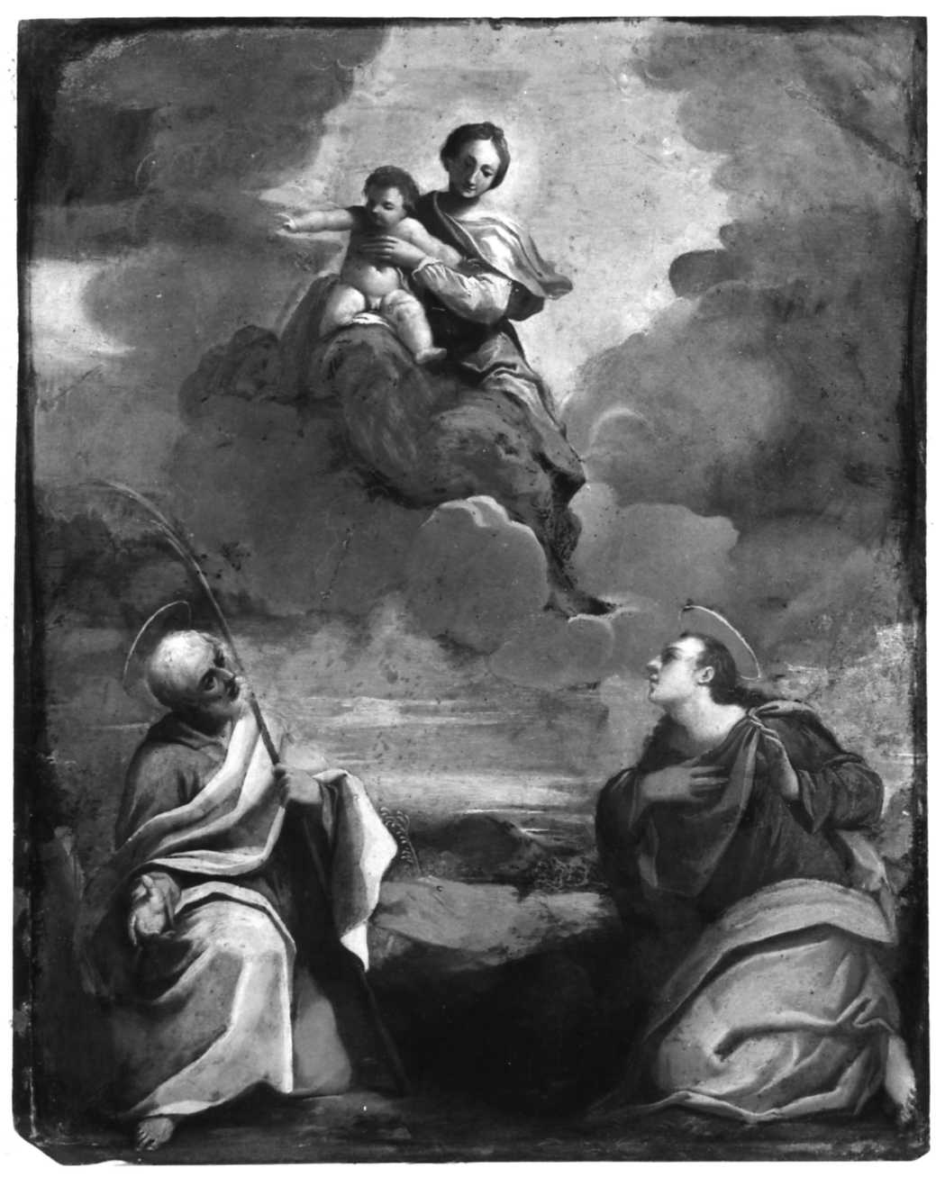 Madonna in gloria con San Giuseppe e San Giovanni Evangelista (dipinto) di Bononi Carlo (sec. XVII)