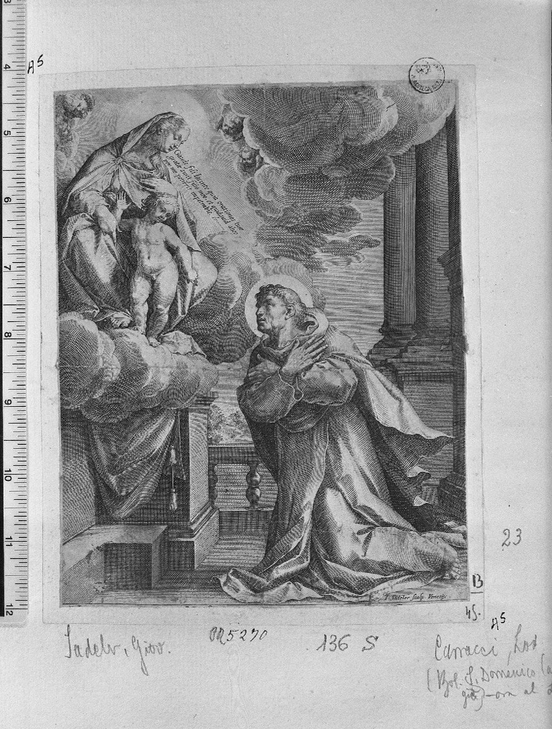 san Domenico ai piedi della Vergine (stampa smarginata) di Carracci Ludovico, Sadeler Johannes (seconda metà sec. XVI)