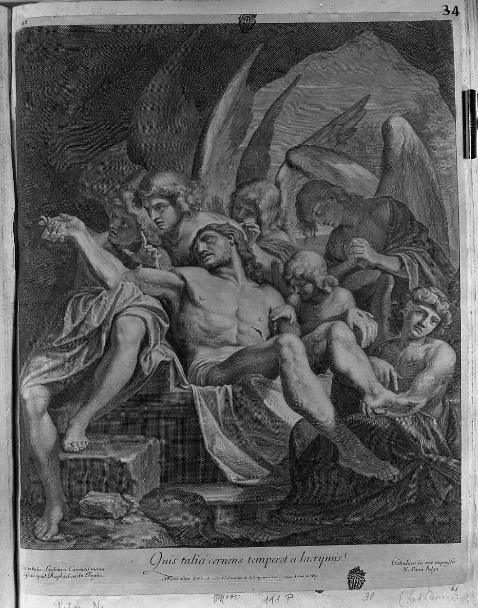 Cristo morto sorretto dagli angeli (stampa smarginata) di Carracci Ludovico, Pitau Nicolas I (terzo quarto sec. XVII)