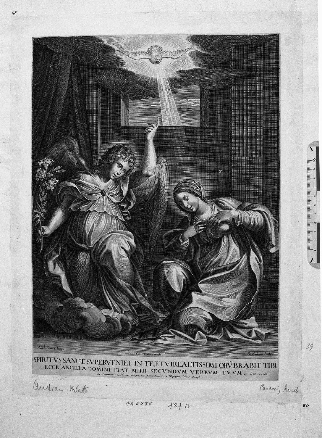 Annunciazione (stampa tagliata) di Carracci Annibale, Audran Charles (prima metà sec. XVII)