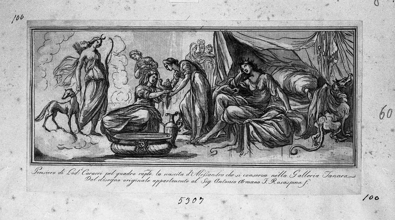 La nascita di Alessandro (stampa tagliata) di Carracci Ludovico, Rosaspina Francesco (seconda metà, prima metà sec. XVIII, sec. XIX)