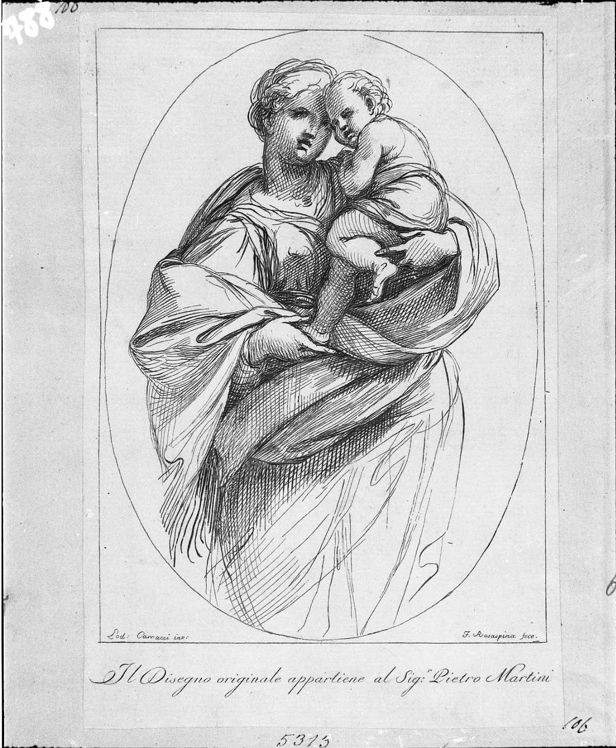 La Madonna col Bambino (stampa tagliata) di Carracci Ludovico, Rosaspina Francesco (seconda metà, prima metà sec. XVIII, sec. XIX)