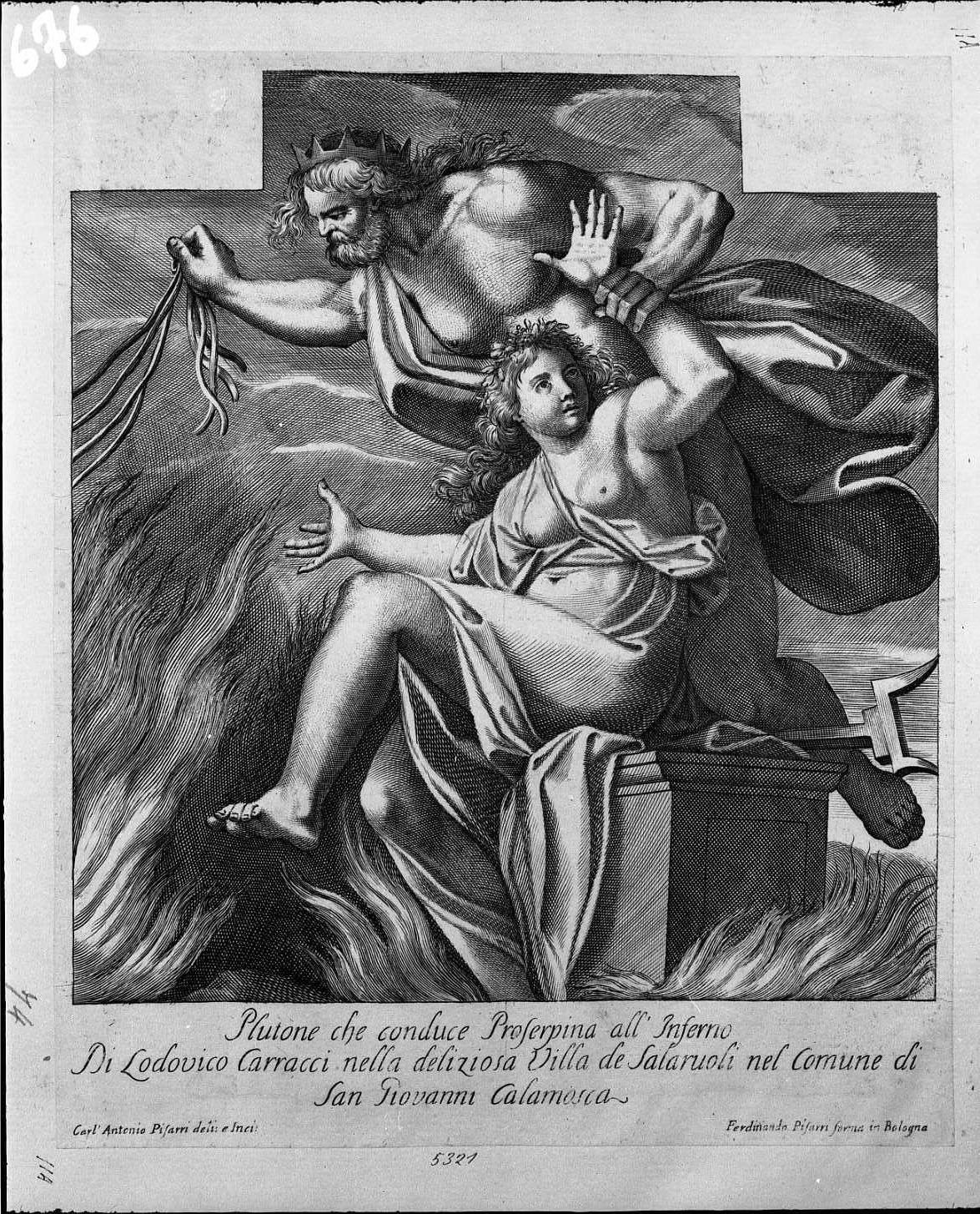 Plutone conduce Proserpina all'Inferno (stampa tagliata) di Carracci Ludovico, Pisarri Carlo Antonio (prima metà sec. XVIII)