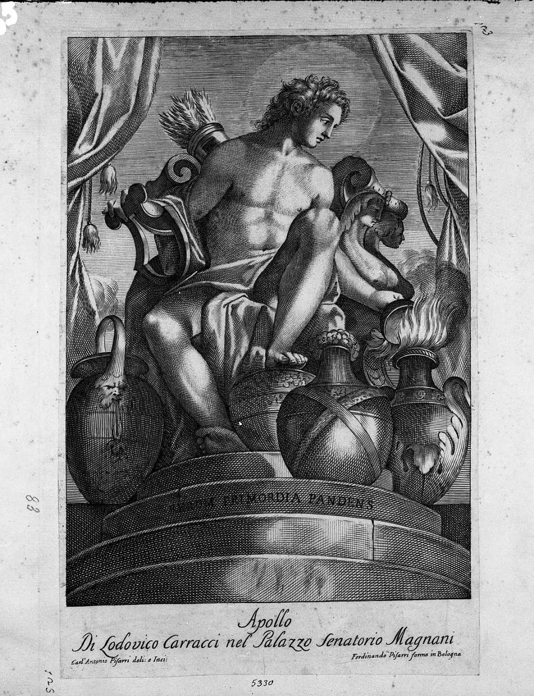 Apollo seduto (stampa tagliata) di Carracci Ludovico, Pisarri Carlo Antonio (prima metà sec. XVIII)