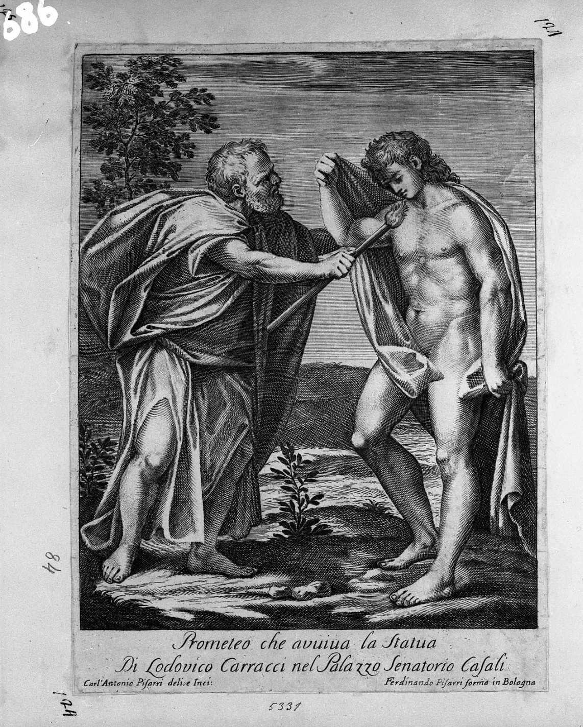 Prometeo da vita alla statua (stampa tagliata) di Carracci Ludovico, Pisarri Carlo Antonio (prima metà sec. XVIII)