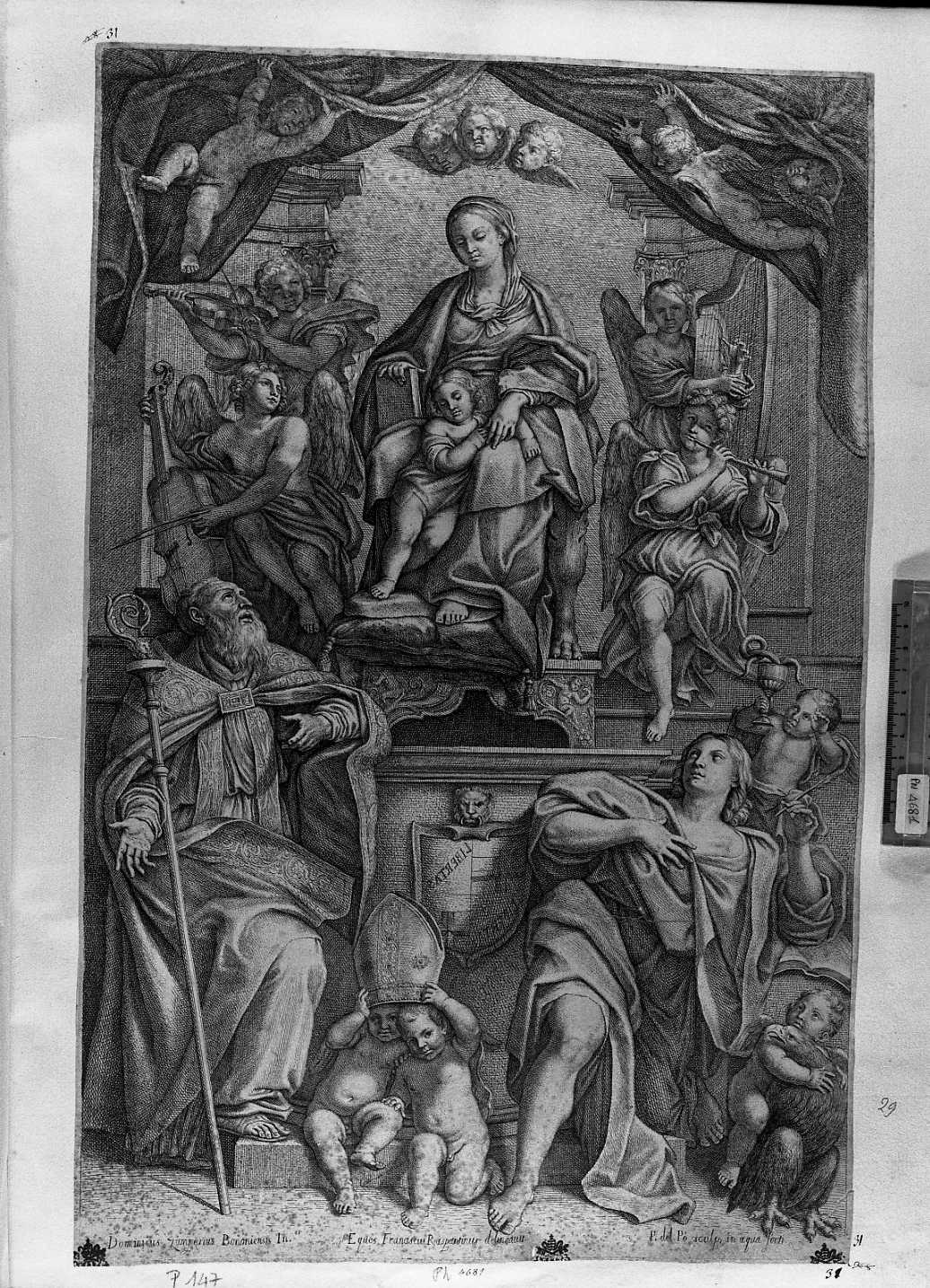 La Vergine in trono con Bambino fra angeli e santi (stampa tagliata) di Zampieri Domenico detto Domenichino, Del Po Pietro (seconda metà sec. XVII)