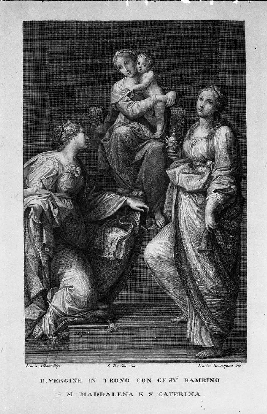 La Beata Vergine in trono con Gesù Bambino e le SS. Maddalena e Caterina (stampa) di Rosaspina Francesco, Albani Francesco (seconda metà sec. XVIII)