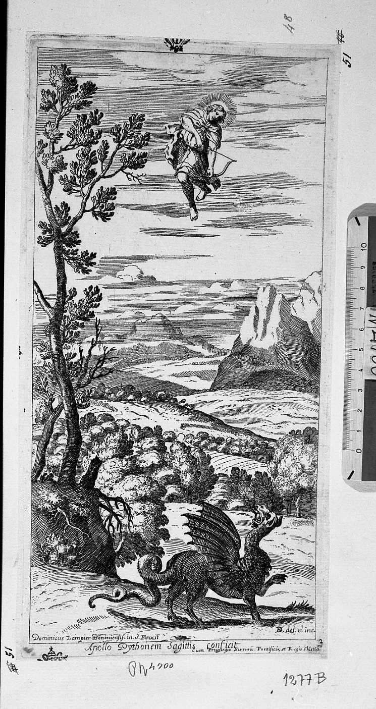 Apollo scaglia le frecce contro il dragone (stampa) di Barrière Dominique, Zampieri Domenico detto Domenichino (seconda metà sec. XVII)