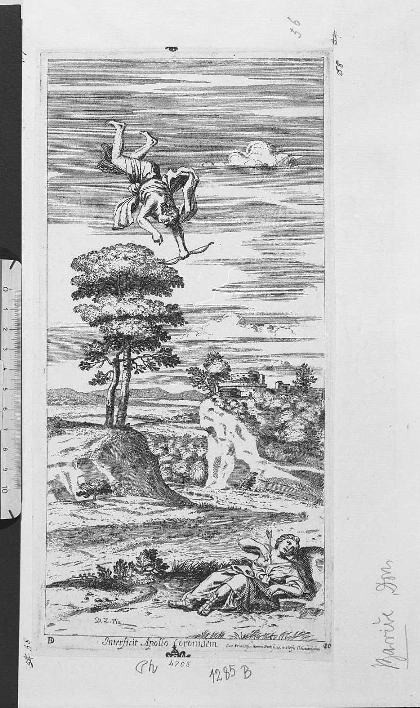 Apollo ferisce Coronide (stampa) di Zampieri Domenico detto Domenichino, Barrière Dominique (seconda metà sec. XVII)
