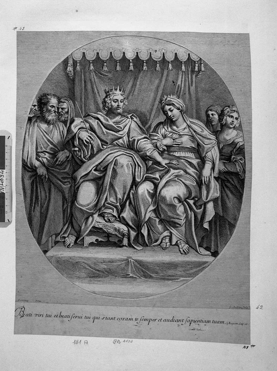 Il re Salomone e la regina di Saba (stampa smarginata) di Audran Gérard, Zampieri Domenico detto Domenichino (seconda metà sec. XVII)