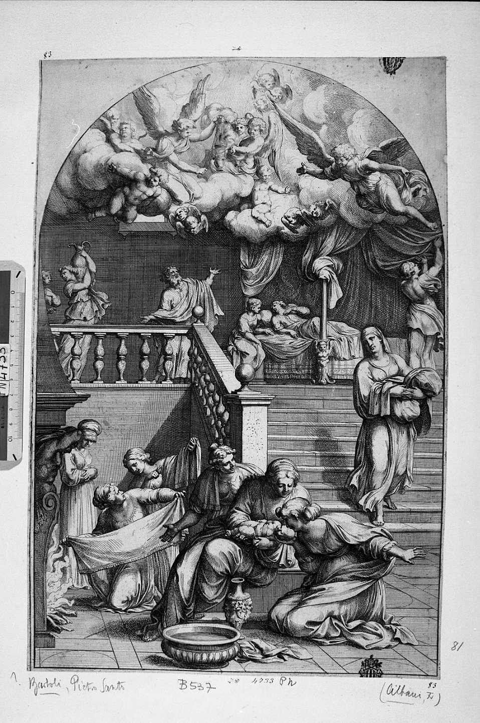 La nascita della Vergine (stampa smarginata) di Albani Francesco, Bartoli Pietro Sante detto Sante Santi (seconda metà sec. XVII)