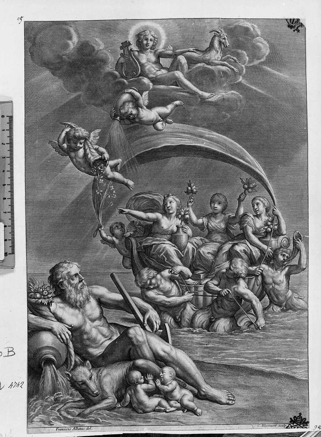 Il Tevere: la lupa allatta Romolo e Remo (stampa smarginata) di Albani Francesco, Bloemaert Cornelis il Giovane (sec. XVII)