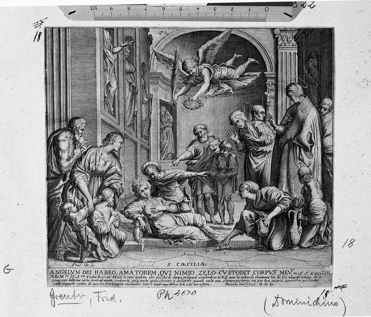 La morte di Santa Cecilia (stampa smarginata) di Zampieri Domenico detto Domenichino, Greuter Johann Friederich (prima metà sec. XVII)