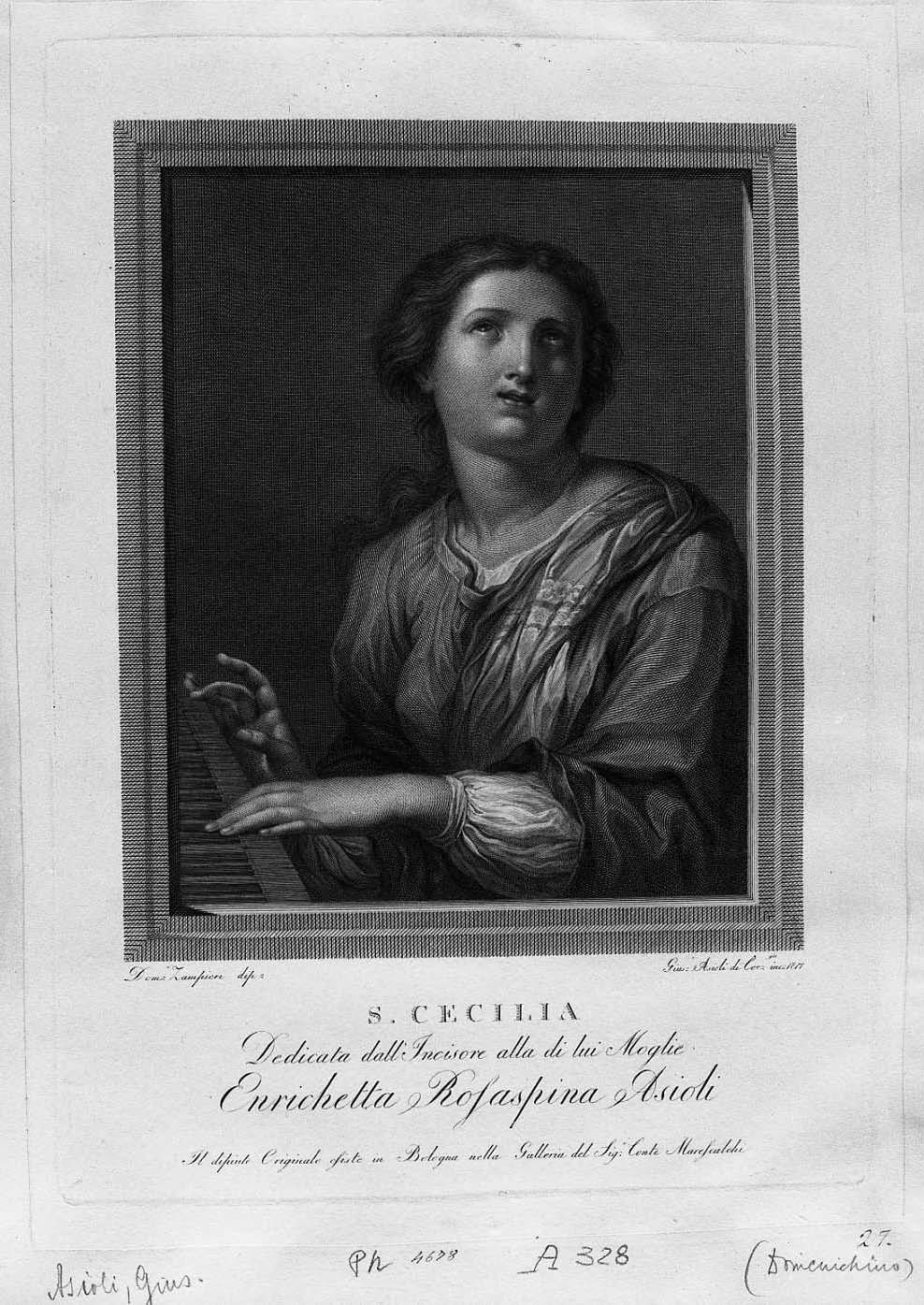 Santa Cecilia che suona l'organo (stampa) di Zampieri Domenico detto Domenichino, Asioli Giuseppe (sec. XIX)