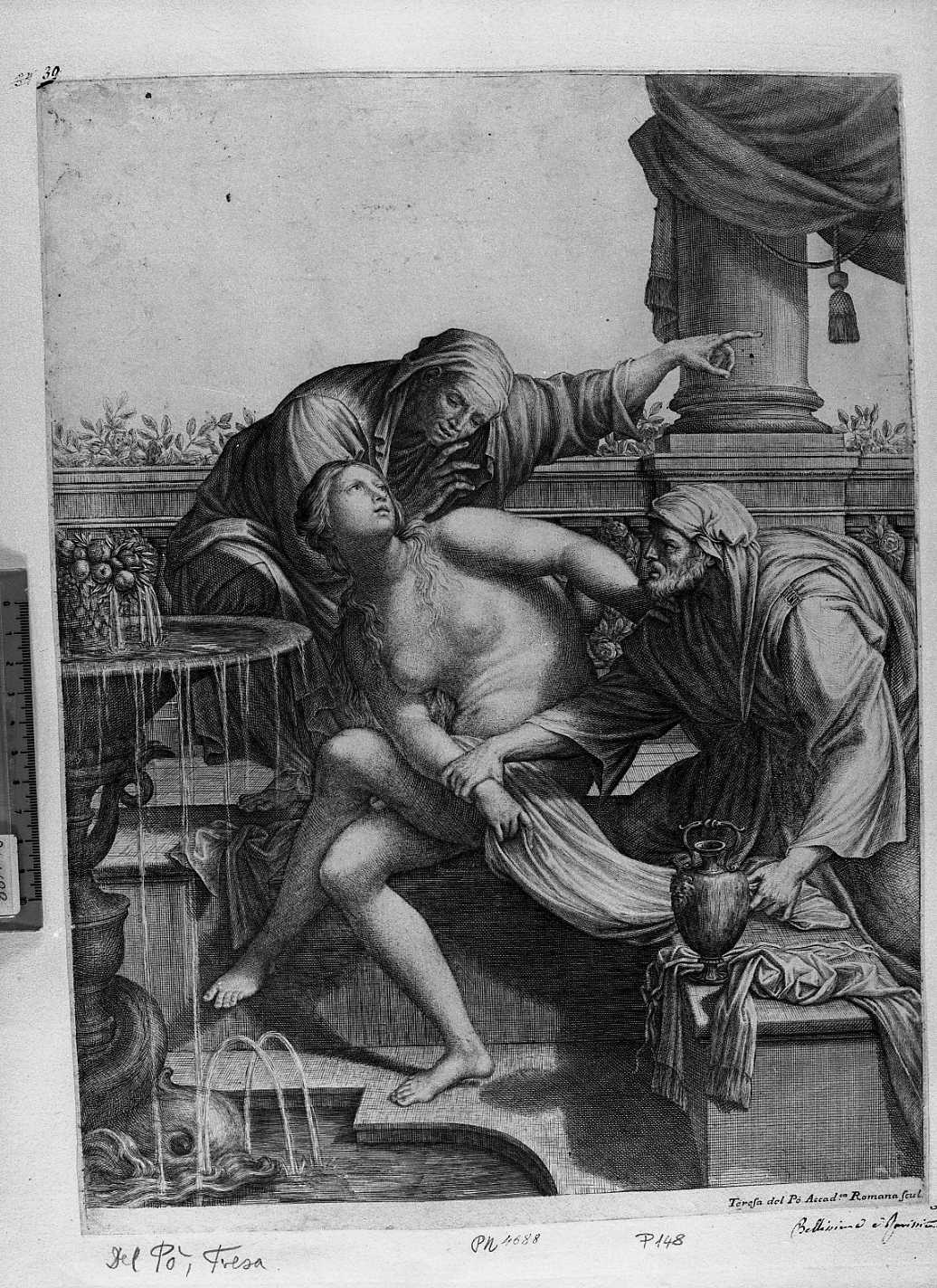 Susanna al bagno (stampa smarginata) di Zampieri Domenico detto Domenichino, Del Po Teresa (secc. XVII/ XVIII)