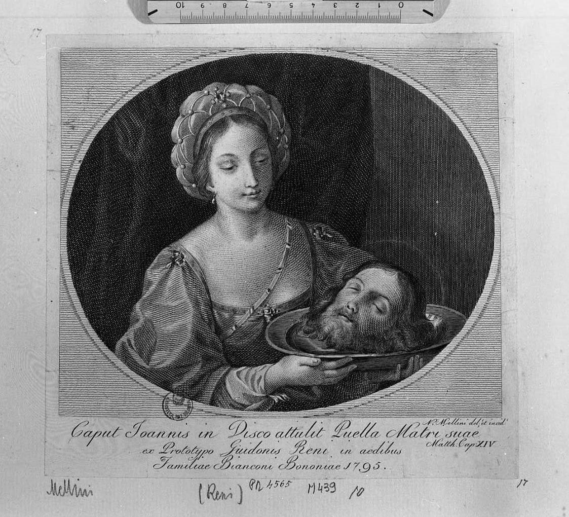 Salomè con la testa di san Giovanni (stampa tagliata) di Reni Guido, Mellini Nicola (sec. XVIII)