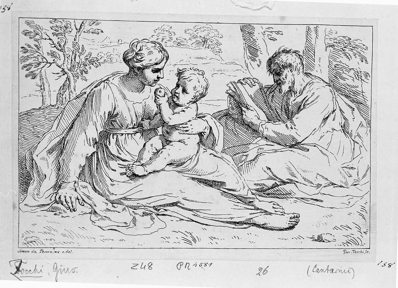 Sacra Famiglia (stampa tagliata) di Cantarini Simone detto Pesarese, Zocchi Giuseppe (sec. XVIII)
