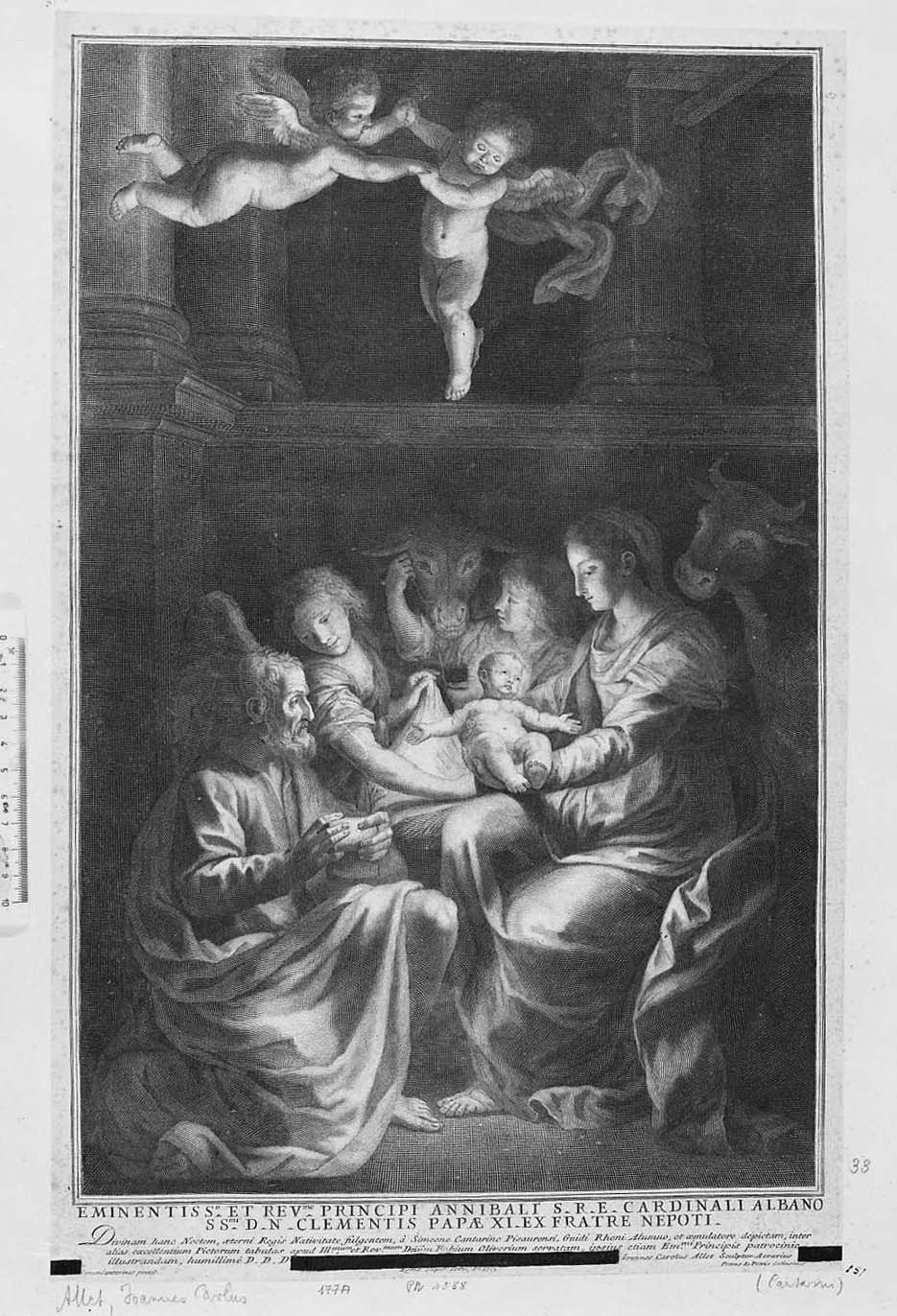 La nascita di Gesù (stampa tagliata) di Cantarini Simone detto Pesarese, Allet Jean Charles (sec. XVIII)