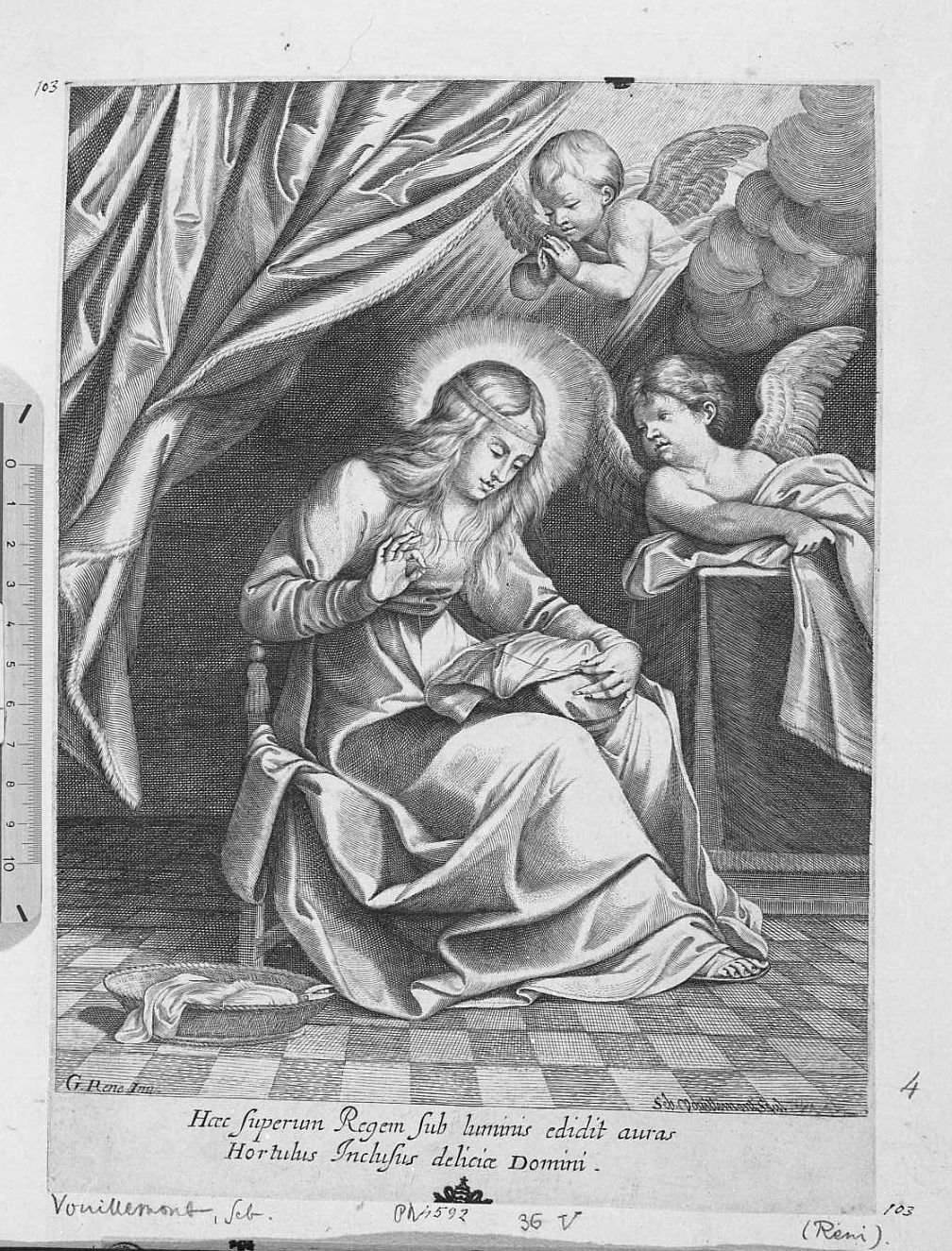 La Vergine che cuce (stampa tagliata) di Reni Guido, Vouillemont Sebastien (sec. XVII)