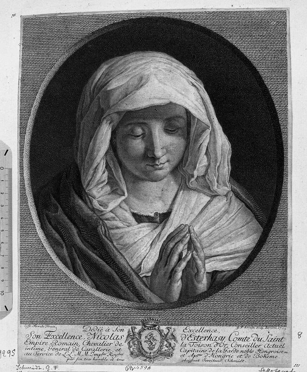 La Vergine in preghiera (stampa tagliata) di Schmidt Georg Friedrich (sec. XVIII)